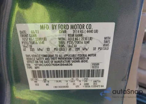 2011 Ford Escape Xlt from USA, damaged, VIN 1FMCU0D76BKB94836